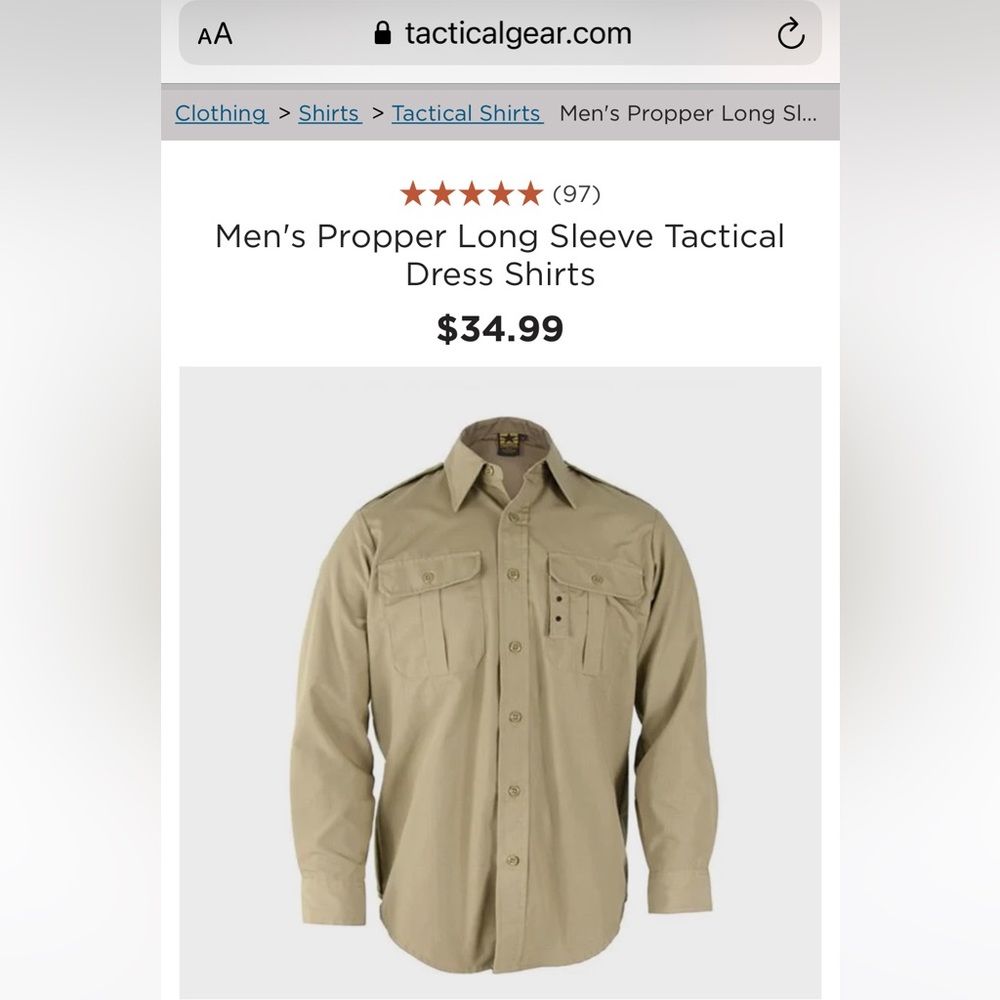 Brand New—Propper Dress BDU (RipStop) w/ badge tab.  Size: Large Color: Khaki.